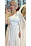 One-shoulder White Chiffon Evening Dress - Flower Detailed, Flared Skirt 7401 - 2