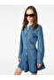 Cotton Long Sleeve Classic Collar Button Flounced Mini Denim Dress - 2