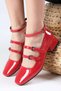 Baylee Red Color Patent Leather 3-Stripes Blunt Toe Women's Short Heeled Shoes - 2