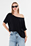 Natural Viscose Women's Boat Neck Off Shoulder Loose Double Sleeve Cotton Soft Textured Black Basic Blouse - 2