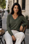 Women's V-Neck Casual Combed Cotton Blouse Khaki - 2