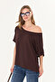 Brown Natural Viscose Women's Boat Neck Off Shoulder Loose Double Sleeve Cotton Soft Textured Basic Blouse - 4