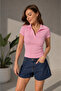 Women's Polo Neck Side Gathered Ribbed Knitted Tshirt