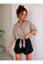 Low-sleeved oversize crop shirt with tie detail, linen blend - 3