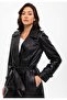 Black Cassie Slit Lined Belted Trench Coat Women's Genuine Leather Coat - 4