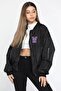 Women's Wild One Printed Bomber Coat Black Oversize Quilted with Zipper Pockets - Black Mariposa Se - 2