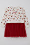 Girl's Long Sleeve Dress with Bow and Cute Teddy Bear Patterned 2-6 Years, Ecru - 4