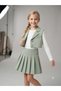 Girl's Fabric Covered Button Detailed Padded Vest White Badi Pleated Skirt 3-Piece Set - 2