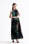 Halter Neck Pleated Digital Printed Sleeveless Satin Dress |   Elb34513 Black Tiger Pattern - 2