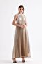 Halter neck pleated digital printed sleeveless satin dress |   Elb34513 beige - 7