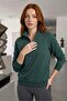 Women's Relax Fit Comfortable Cut Cotton Soft Textured 3 Thread Fleece Inside Half Zipper Neft Green Stand Collar Sweatshirt