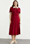 Polo Collar Zippered Combed Cotton Dress - Burgundy - 2