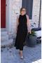 Women's Black Crepe Dress with Back Detail, Open Shoulders, Accessories and Slits - 4