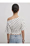 Polka Dot Waist-Fitted Boat Neck Asymmetrical Cut Short Sleeve Blouse - 2