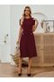 Women's Crew Neck Short Sleeve Elegant Midi Crepe Dress with Pockets - 3