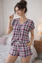 Women's Plaid Patterned Cotton Short Sleeve Oversize T-Shirt and Shorts Bottom Top Pajama Set - 4