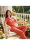 Red Color White Heart Pattern Short Sleeve Shirt Collar Buttoned Seasonal Thin Fabric Women's Pajama Set - 3