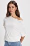 Women's Oversize Relaxed Fit Asymmetrical Collar Short Sleeve Ecru Viscose Blouse - 3