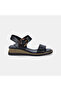 Women's Black Bone Buckle Wedge Heeled Leather Sandals - 2