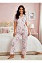 Cute Cat Pattern Pink Color Shirt Collar Short Sleeve Buttoned Seasonal Thin Fabric Women's Pajama Set - 2