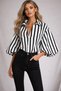 Women's Black and White Block Striped Balloon Sleeve Cotton Fabric Design Blouse Yy101404