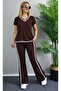Women's Short Sleeve V-Neck Viscose Two Thread Blouse and Trousers Two-Piece Set