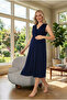 New Season Navy Blue Summer V-Neck Lace Detailed Design Wide Strap Buttoned 100% Cotton Maternity Nightgown - 5