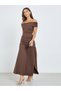Brown Gathered Off-Shoulder Maxi Dress - 3