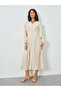 Beige Pleated V Neck Midi Dress - 2