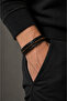 Men's Black Agate Stone Leather Bracelet Multi-Layered Black Weave Design Stylish Bracelet with Steel Clip - 2
