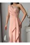 Powder Color One-Shoulder Stone Embellished Flounce Evening Dress - 5
