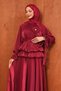 Burgundy Balloon Sleeve Waist Detailed Evening Dress - 2