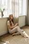 Round Neck Short Sleeve Pajama Set Beige-512181