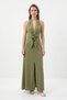 Khaki Double-Breasted Collar Sleeveless Waist Tie Slit Dress 251660