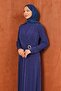 Navy Blue Draped Evening Dress with Waist Buckle - 2