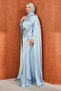 Baby Blue Satin Evening Dress with Shoulder Cape - 4