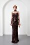 Women's Brown Shawl Collar Sequin Long Fishtail Evening Dress