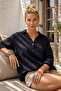 Black Shirt Collar Buttoned 3/4 Sleeve Casual Muslin Oversize Woven Blouse 67 65