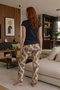 Round Neck Long Comfortable Cotton Pajama Set 41551 Navy Blue - 7