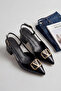 V-Royal Black Patent Leather Shiny Gold V-Buckle Detailed Elegant Slingback - Pointed Toe Low Square Heel - 4