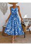 Women's Rope Strap V-Neck Long Patterned Single Jersey Dress with Belt at the Waist - 2