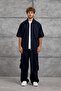 Men's Shirt Woven Fabric with Zipper Navy Blue Oversize Zippered Tencel Fabric - 2