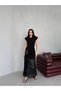 Black Stone Buckle Lace Skirt Long Dress - 4