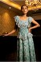Water Green Patterned Ruffled Maxi Dress with Silver Stripe Detail