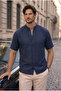 Hakim Collar Muslin Fabric Short Sleeve Shirt - Navy Blue - 8