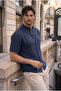 Hakim Collar Muslin Fabric Short Sleeve Shirt - Navy Blue - 6