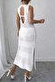 100% Cotton Openwork Backless Crew Neck Long Pareo-Beach Dress with Slit Detail - 4
