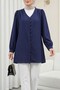 Buttoned V-Neck Jacquard Crinkle Tunic - Dark Blue - 2