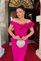 Atlas Fabric Floral Patterned Pencil Dress - Fuchsia - 3