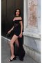 Women's Black Shawl Detailed Slit Maxi Tulle Dress Yel221831 - 3